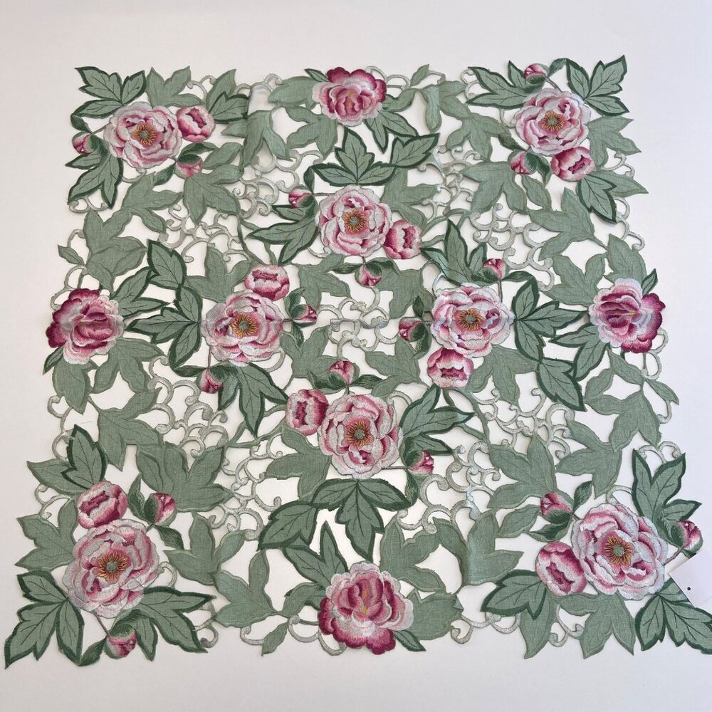 Floral Embroidered Table cloth Topper With Pink Roses & Green Leaves cutwork